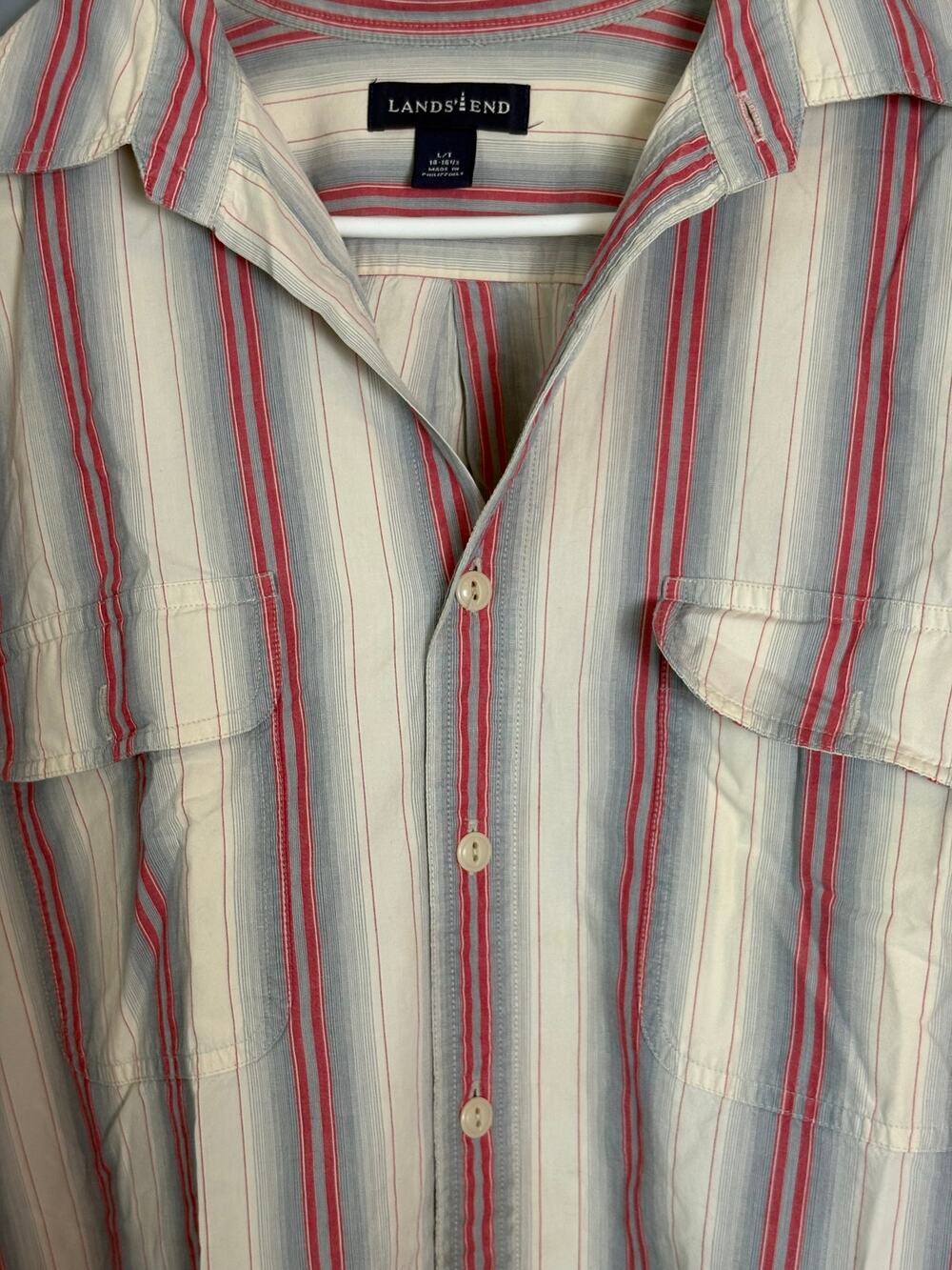 Lands End Mens Long Sleeve Striped Button Front Shirt Red Blue Large Tall